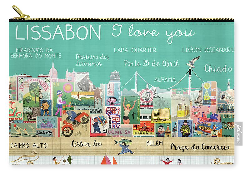 Lissabon I Love You Zip Pouch featuring the mixed media Lissabon I love you by Claudia Schoen