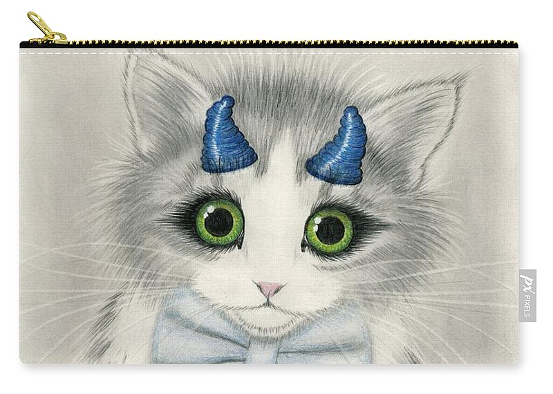 Cute Kitten Zip Pouch featuring the drawing Little Blue Horns - Devil Kitten by Carrie Hawks