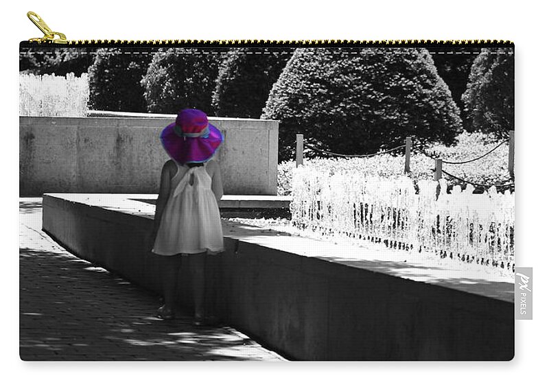 Selective Coloring Zip Pouch featuring the photograph Little Girl in Magenta Hat Black and White Selective Color by Colleen Cornelius