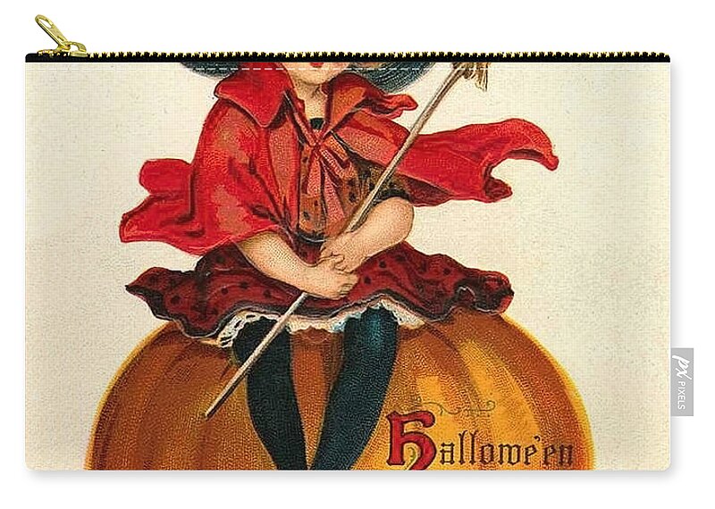 Little Witch Zip Pouch featuring the mixed media Little girl witch sitting on a big pumpkin by Long Shot
