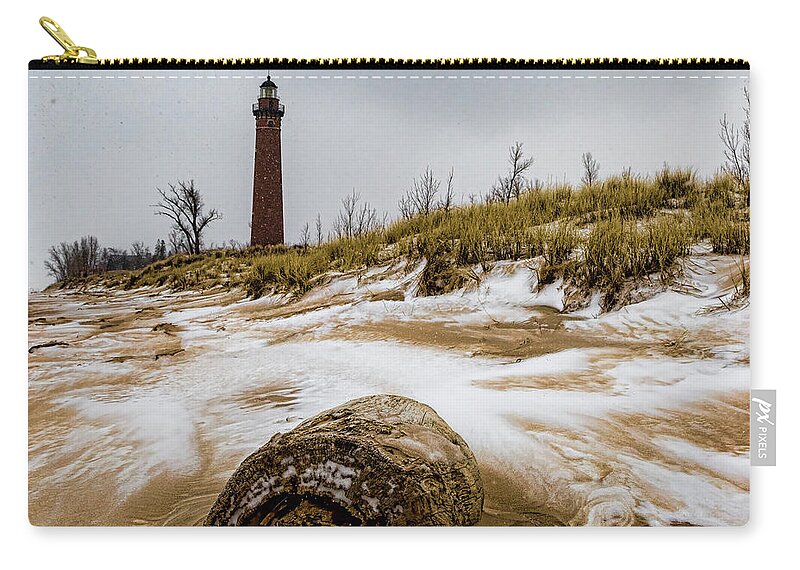 Little Sable Lighthouse Zip Pouch featuring the photograph Little Sable in Winter by Joe Holley