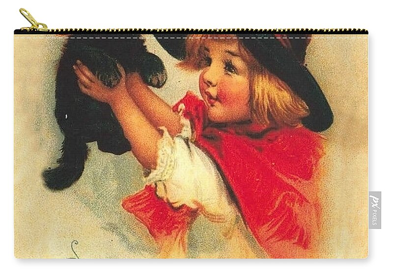 Little Witch Zip Pouch featuring the mixed media Little witch girl with black cat by Long Shot