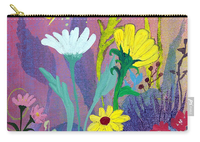 Little Yellow Butterfly With Daisies Zip Pouch featuring the painting Little Yellow Butterfly with Daisies by Robin Pedrero
