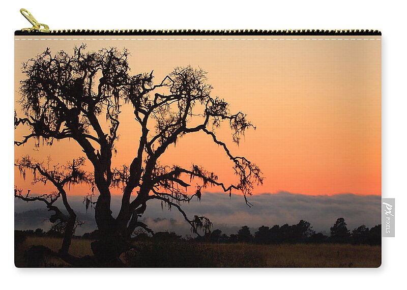 Tree Fog Landscape Weather Sunset Orange Nature Botanical Zip Pouch featuring the photograph Loan Tree Overlooking Fog by Jill Reger