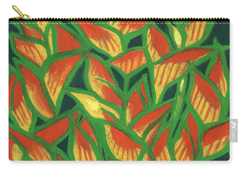 Clipsocallipso Zip Pouch featuring the painting Lobster Claw / Heliconia Rostrata, tropic flowers, green, yellow and orange by Julia Khoroshikh