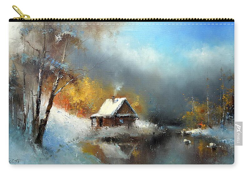 Russian Artists New Wave Carry-all Pouch featuring the painting Lodge in the Winter Forest by Igor Medvedev