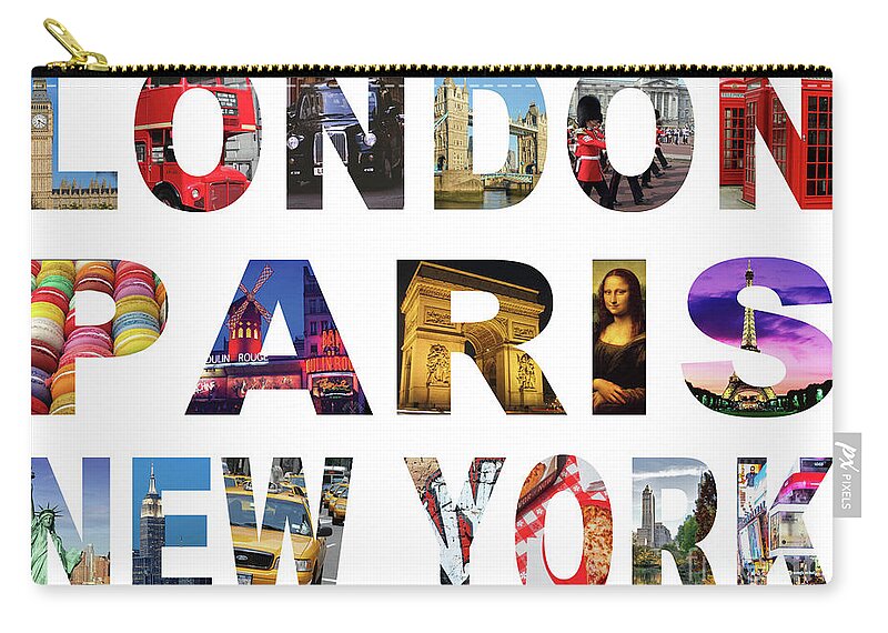 Cities Zip Pouch featuring the digital art London Paris New York, White Background by MGL Meiklejohn Graphics Licensing