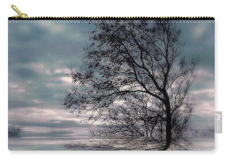 Lone Tree Reflection Sky Turquoise Blue Lake Bush Zip Pouch featuring the mixed media Lone Tree by Elfriede Fulda