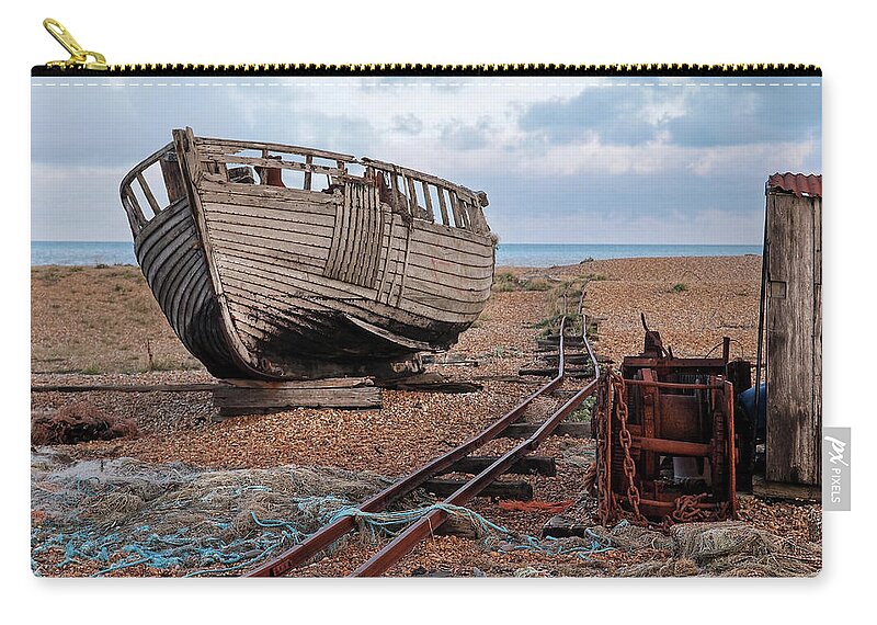 Old Fishing Boat Zip Pouch featuring the photograph Long Forgotten - Rusty Winch and Old Fishing Boat by Gill Billington