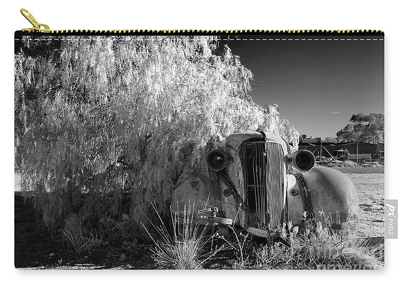 Broken Hill Nsw New South Wales Australian Old Car Pepper Tree Monochrome Mono B&w Black And White Zip Pouch featuring the photograph Long Term Parking by Bill Robinson