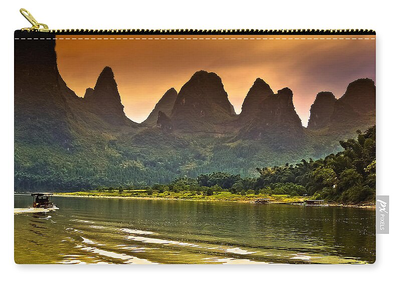 Sunset Zip Pouch featuring the photograph Long wave seems brush-China Guilin scenery Lijiang River in Yangshuo by Artto Pan