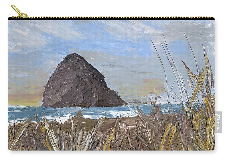 Seascape Zip Pouch featuring the painting Longing for the sounds of Haystack Rock by Ovidiu Ervin Gruia