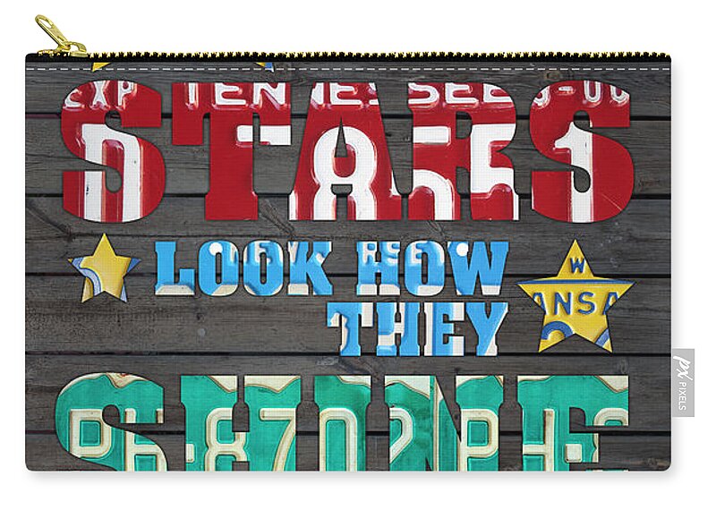 Look At The Stars Zip Pouch featuring the mixed media Look at the Stars Coldplay Yellow Inspired Typography Made Using Vintage Recycled License Plates by Design Turnpike