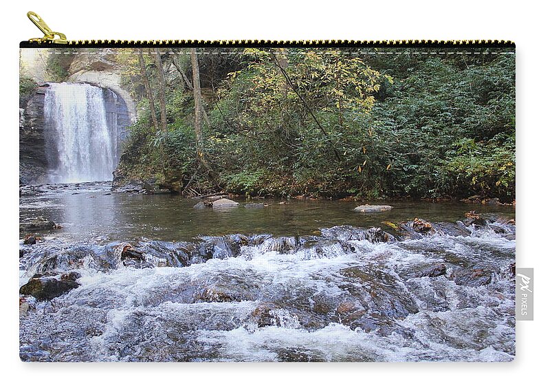 Waterfalls Zip Pouch featuring the photograph Looking Glass Falls downstream by Allen Nice-Webb