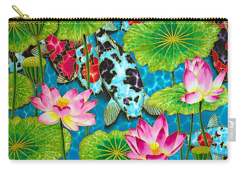 Lotus Pond Zip Pouch featuring the painting Lotus Flower and Koi Fish by Daniel Jean-Baptiste