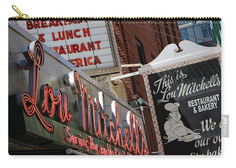 Lou Mitchell's Restaurant Zip Pouch featuring the photograph Lou Mitchells Restaurant And Bakery Chicago by Colleen Cornelius