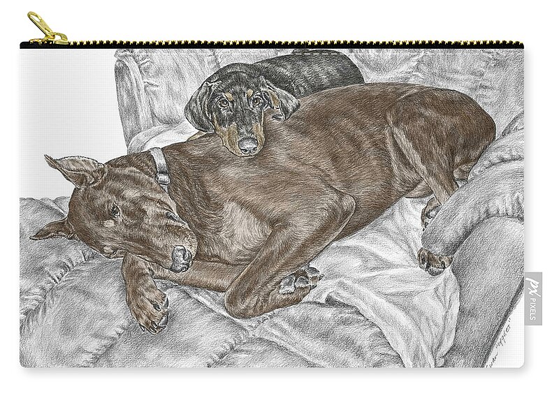 Doberman Zip Pouch featuring the drawing Lounge Lizards - Doberman Pinscher Puppy Print color tinted by Kelli Swan