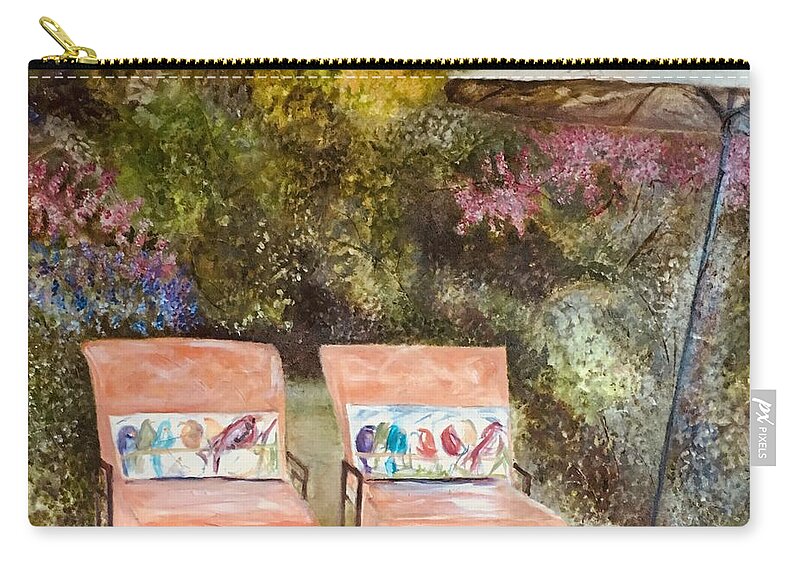 Landscape Zip Pouch featuring the painting Lounges by the pool by Chuck Gebhardt