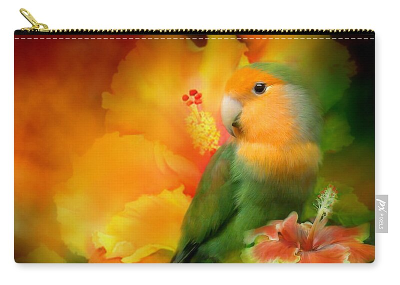 Lovebird Zip Pouch featuring the mixed media Love Among The Hibiscus by Carol Cavalaris
