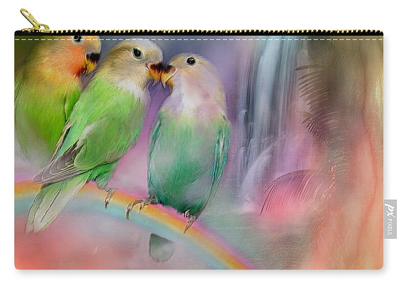 Lovebird Zip Pouch featuring the mixed media Love On A Rainbow by Carol Cavalaris