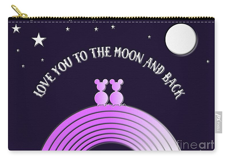 Over The Moon Zip Pouch featuring the digital art Love You To The Moon and Back - Valentine Mouse Couple Whimsy by Barefoot Bodeez Art