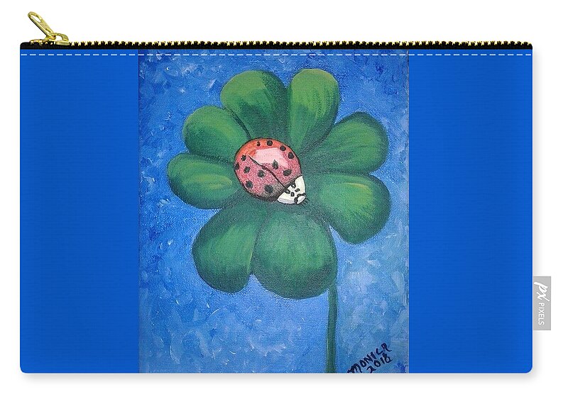 Ladybug Zip Pouch featuring the painting Lucky Ladybug on 4-Leaf Clover by Monica Resinger