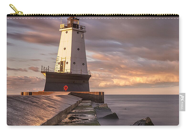 3scape Zip Pouch featuring the photograph Ludington North Breakwater Light at Dawn by Adam Romanowicz