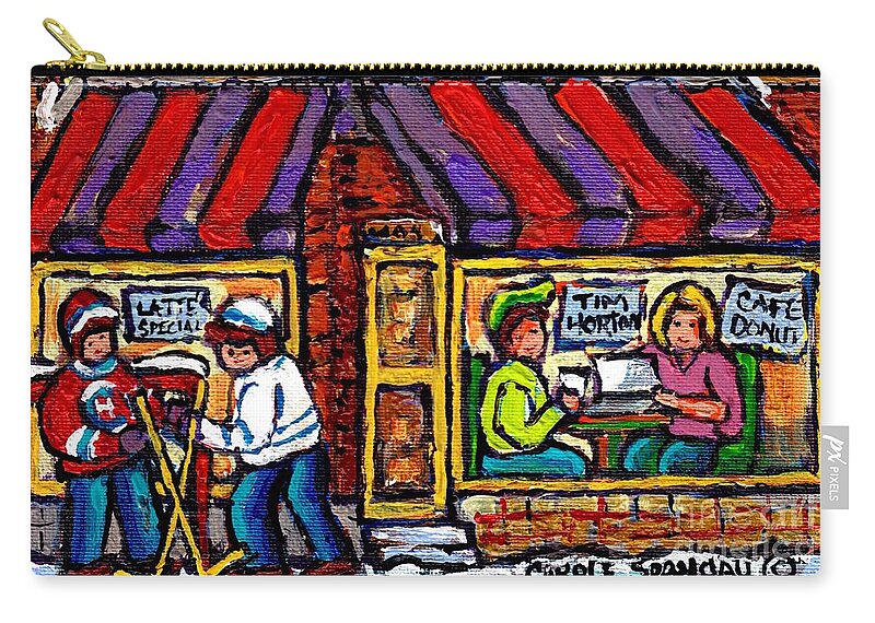 Montreal Zip Pouch featuring the painting Lunch At Tim Horton's Coffee Shop Hockey Game Montreal Winter City Scene Canadian Art For Sale by Carole Spandau