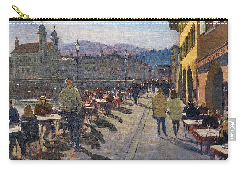 Switzerland Zip Pouch featuring the painting Lunchtime in Luzern by David Gilmore