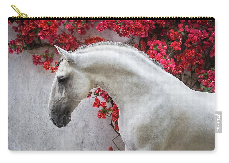 Russian Artists New Wave Carry-all Pouch featuring the photograph Lusitano Portrait in Red Flowers by Ekaterina Druz