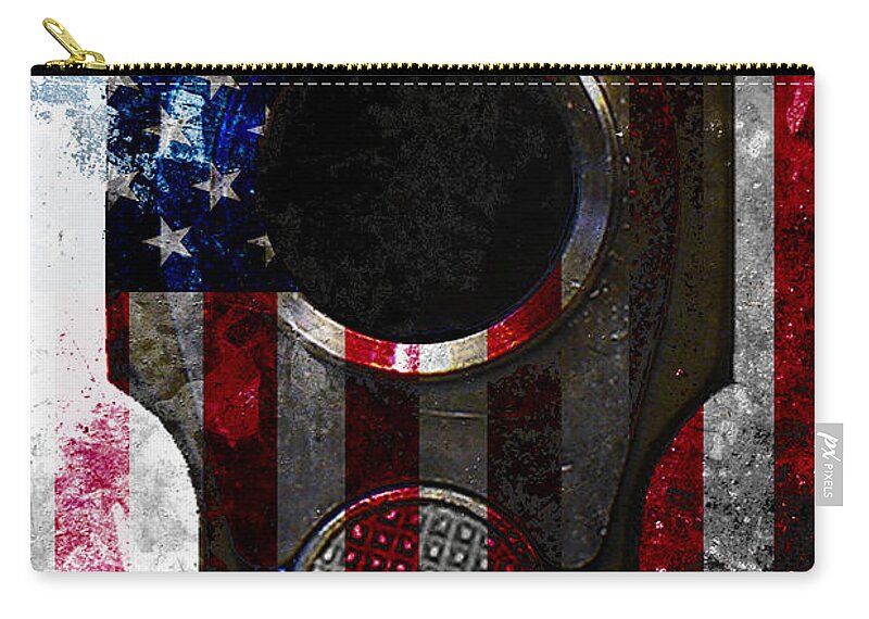M1911 Zip Pouch featuring the digital art M1911 Colt 45 Muzzle and American Flag on Distressed Metal Sheet by M L C