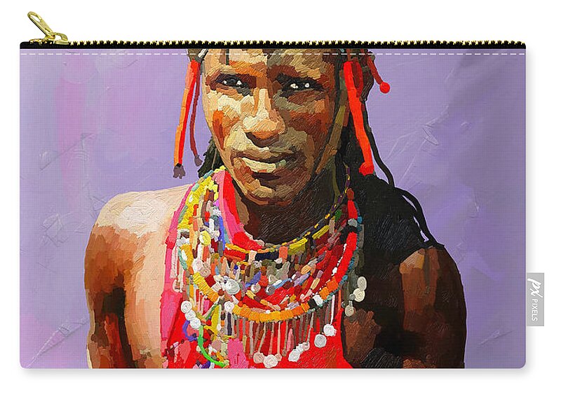 Cow Zip Pouch featuring the painting Maasai Moran by Anthony Mwangi