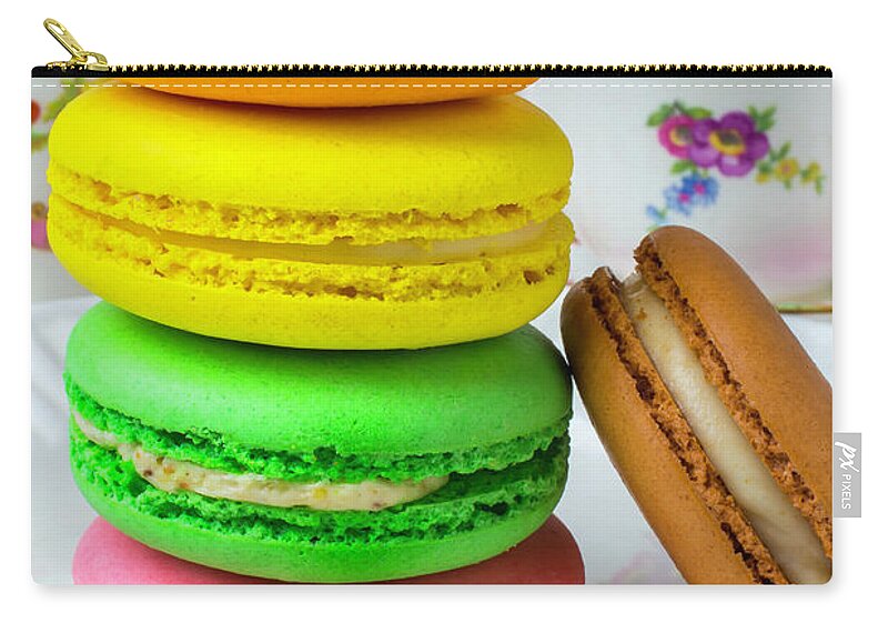 French Macaroons Zip Pouch featuring the photograph Macaroons On White Plate by Garry Gay