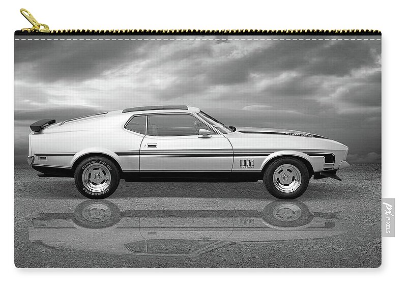 Ford Mustang Zip Pouch featuring the photograph Mach 1 Mustang Reflections in Black and White by Gill Billington