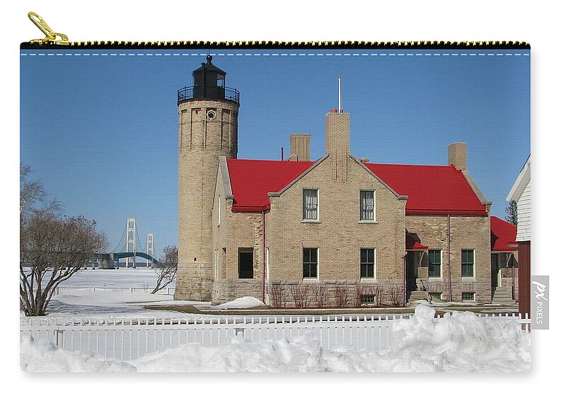 Old Mackinac Point Zip Pouch featuring the photograph Mackinac Bridge and Light by Keith Stokes