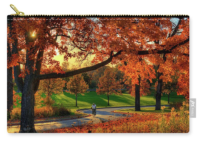 Biking Bicycle Madison Wi Wisconsin Autumn Fall Fall Colors Orange Biker Zip Pouch featuring the photograph Madison, Showing Off by Peter Herman