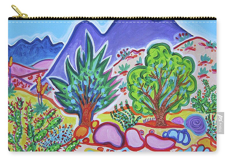 Colorful Art Zip Pouch featuring the painting Madrid's Magic Mountains by Rachel Houseman