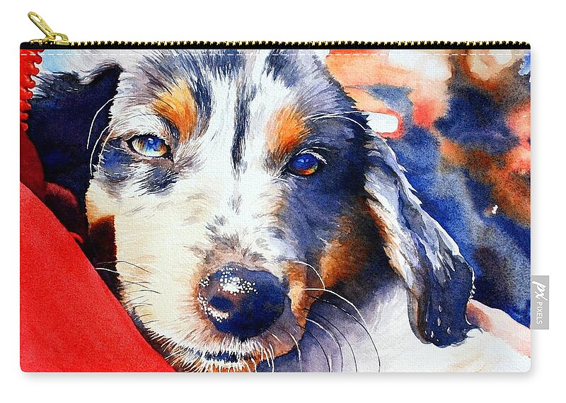 Australian Shepherd Puppy. Red Zip Pouch featuring the painting Maggie by Brenda Beck Fisher