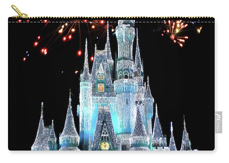 Castle Zip Pouch featuring the photograph Magic Kingdom Castle In Frosty Light Blue with Fireworks 03 MP by Thomas Woolworth