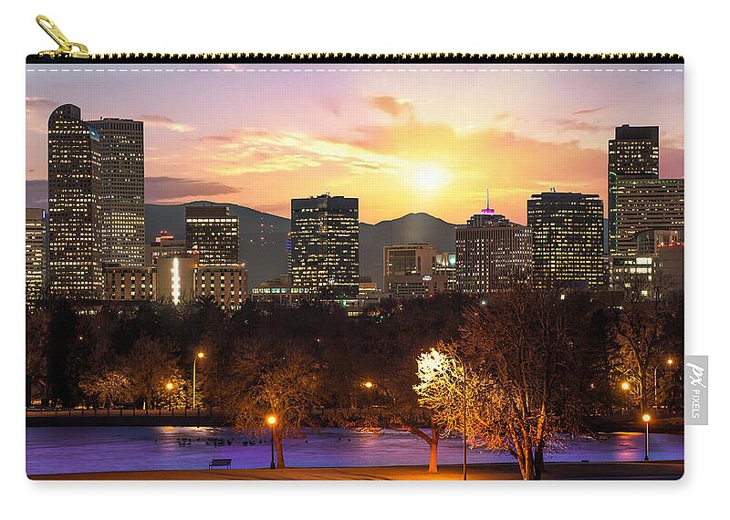 America Zip Pouch featuring the photograph Magical Mountain Sunset - Denver Colorado Downtown Skyline by Gregory Ballos