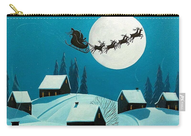 Art Zip Pouch featuring the painting Magical Night - Santa reindeer Christmas landscape by Debbie Criswell