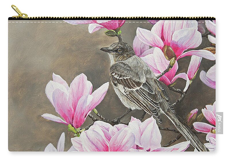 Song Bird Zip Pouch featuring the painting Magnolias And Mockingbird by Johanna Lerwick