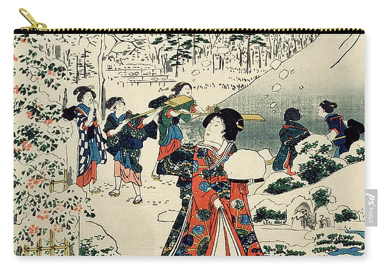 Maids In A Snow-covered Garden Zip Pouch featuring the painting Maids in a snow covered garden by Hiroshige