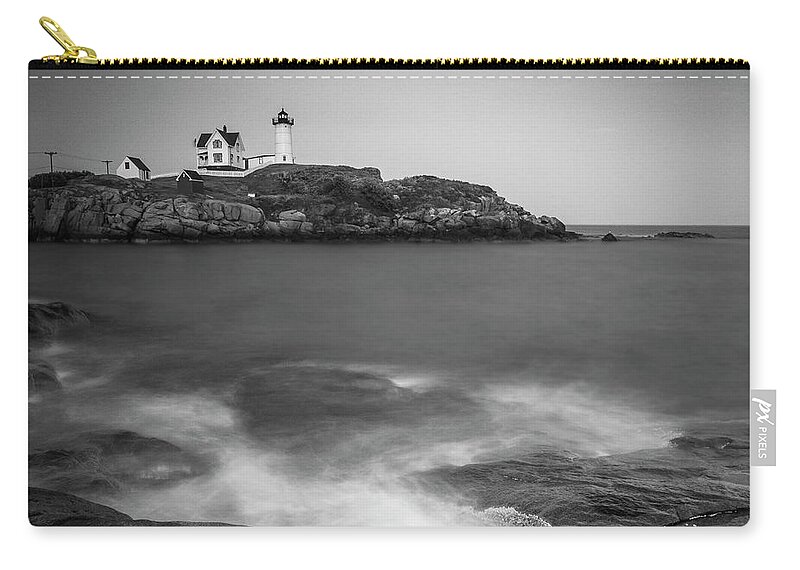 Maine Zip Pouch featuring the photograph Maine Nubble Lighthouse and Rocky Shores in BW by Ranjay Mitra