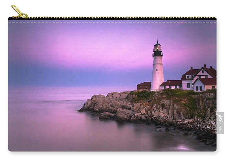Maine Zip Pouch featuring the photograph Maine Portland Headlight Blue Hour Panorama by Ranjay Mitra
