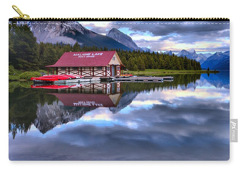  Zip Pouch featuring the photograph Maligne Lake Boathouse In A Sea Of Clouds by Adam Jewell