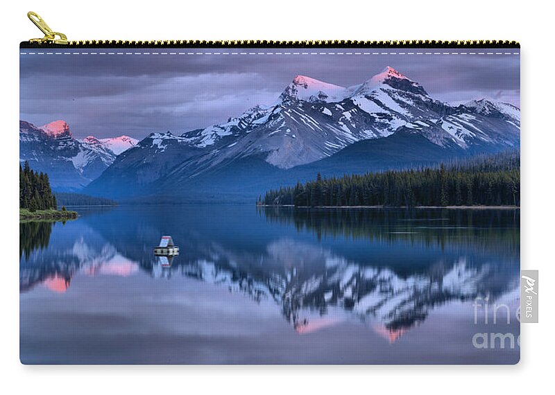 Maligne Lake Zip Pouch featuring the photograph Maligne Lake Purple And Pink by Adam Jewell