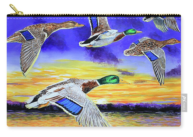 Mallards Zip Pouch featuring the painting Mallards Early Morning Flight by Karl Wagner