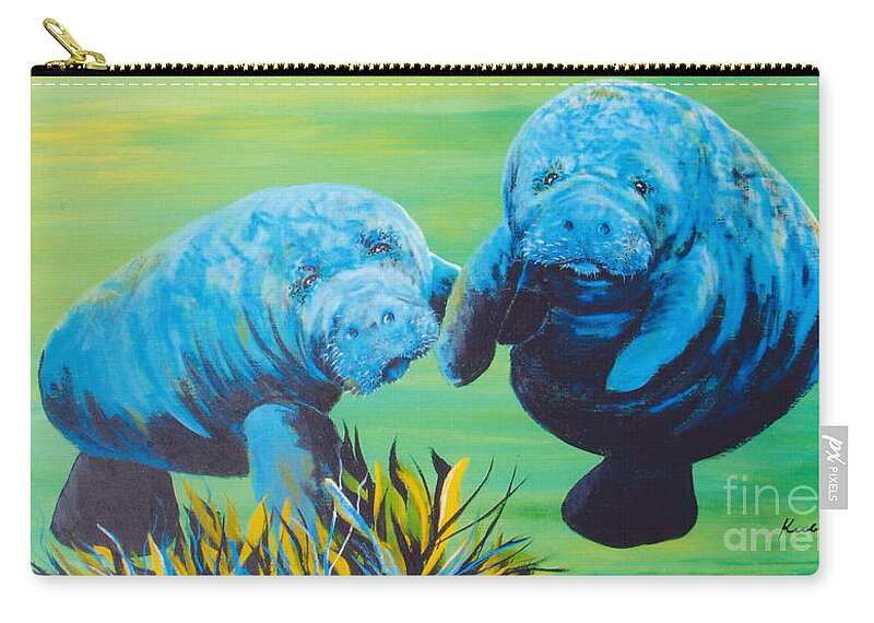 Manatee Zip Pouch featuring the painting Manatee Love by Susan Kubes