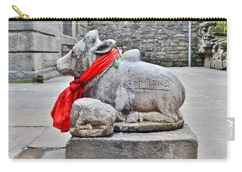 Statue Zip Pouch featuring the photograph Nandi Statue at Yoga Badri Temple - Pandeshwar India by Kim Bemis